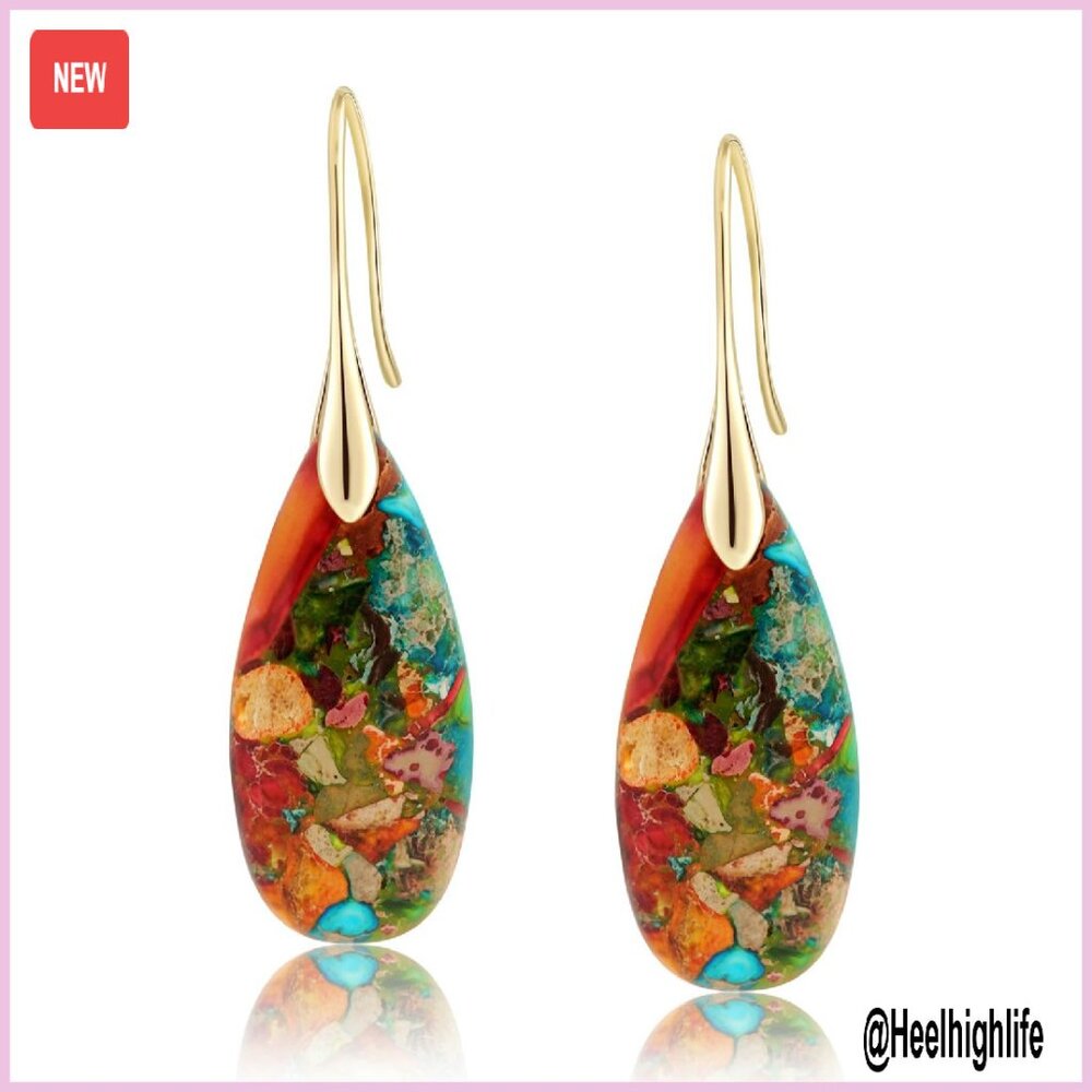 Statement Dangle Drop Earrings With Natural Stone, Gold Silver Hooks